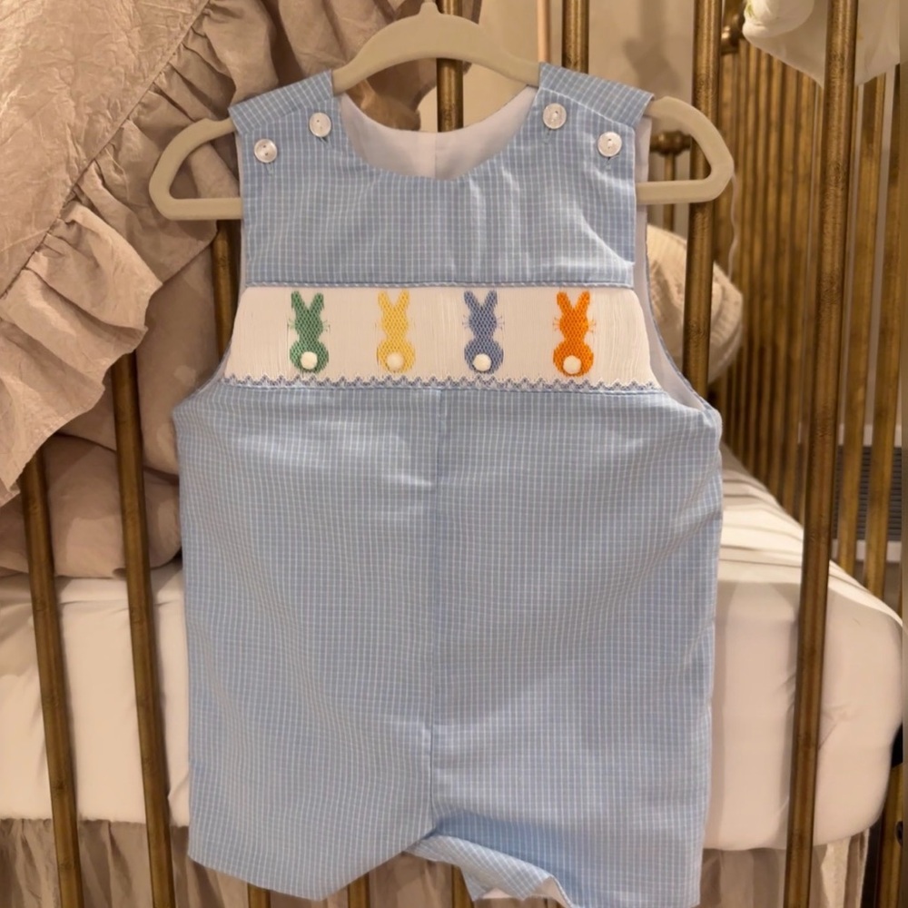 Blue Gingham Smocked Bunny One-Piece